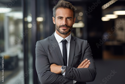 Smiling confident businessman standing in modern office building, looking at camera, arms crossed on the chest