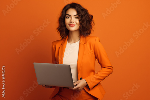 Smiling business woman wearing orange business suit with a laptop at armchair, isolated on orange background