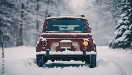 Retro car in winter forest. Retro car in the snow. © Maule