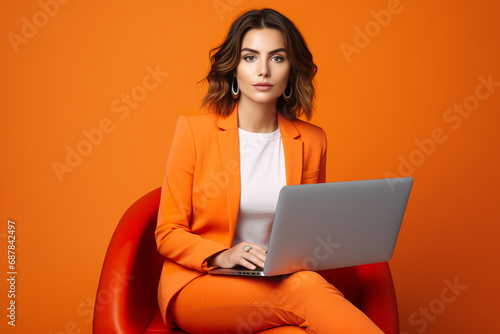 Beautiful business woman wearing orange business suit with a laptop at armchair, isolated on orange background