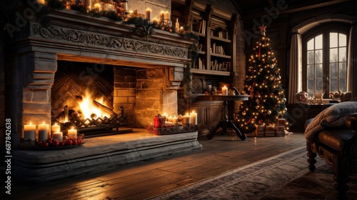 Christmas interior of a large cozy house with a Christmas tree and a fireplace, AI