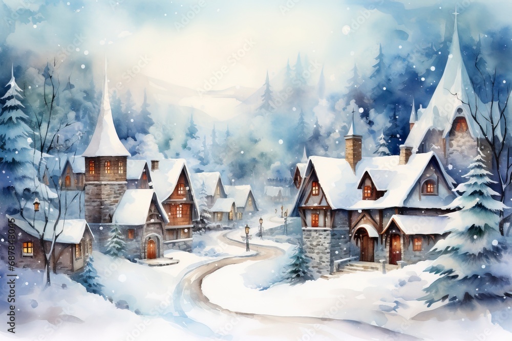 Winter village watercolor painting illustration made by generative ai Winter village watercolor painting illustration made by generative ai