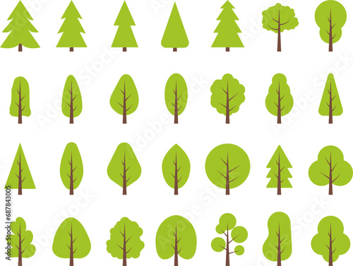 Christmas trees, pines, spruces, conifers and deciduous trees Flat trees set. Flat forest tree nature plant isolated vector illustration.