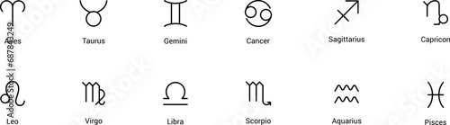 Zodiac signs black icons set vector. Isolated Astrology signs horoscope zodiac symbols : Aries, Taurus, Gemini, Cancer, Leo, Virgo, Libra, Scorpius, Sagittarius, Capricornus, Aquarius, Pisces. Vector.