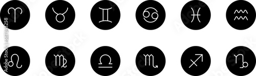 Zodiac signs black icons set vector. Isolated Astrology signs horoscope zodiac symbols : Aries, Taurus, Gemini, Cancer, Leo, Virgo, Libra, Scorpius, Sagittarius, Capricornus, Aquarius, Pisces. Vector.