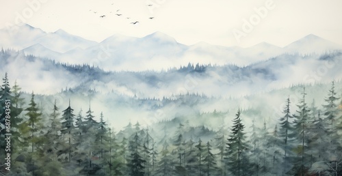 Foggy landscape with spruce forest © jambulart