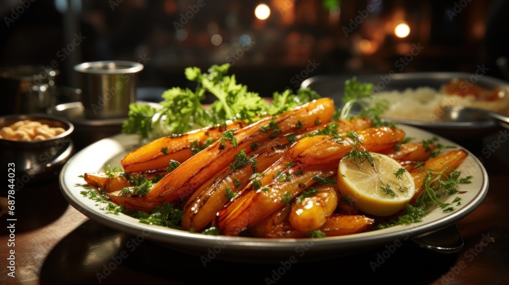 A white plate topped with carrots covered in sauce A white plate topped with carrots covered in sauce