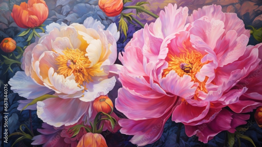 A painting of two pink and white flowers