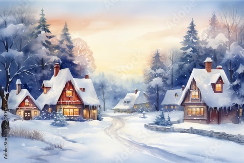 Wallpaper Mural Winter village watercolor painting illustration made by generative ai Torontodigital.ca