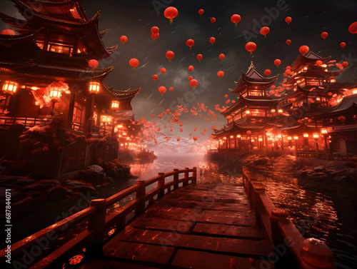 Ancient Fantasy Chinese Town Lunar New Year Night AI Artwork
