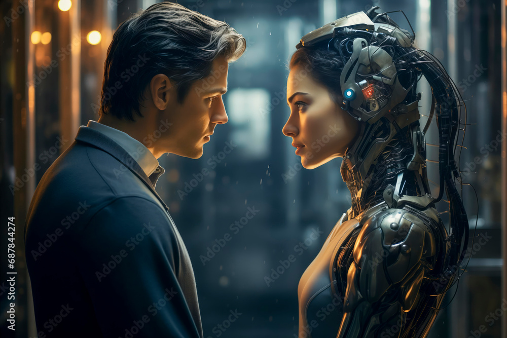 Fototapeta premium Concept of human evolution interaction and communication with A.I artificial inteligence