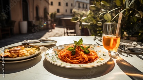 A plate of pasta and a glass of wine on a table