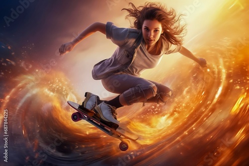 Teenage girl performing tricks and acrobatics on a skate board with fire and sparks trailing behind photo