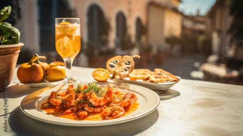 A table topped with plates of food and a glass of wine