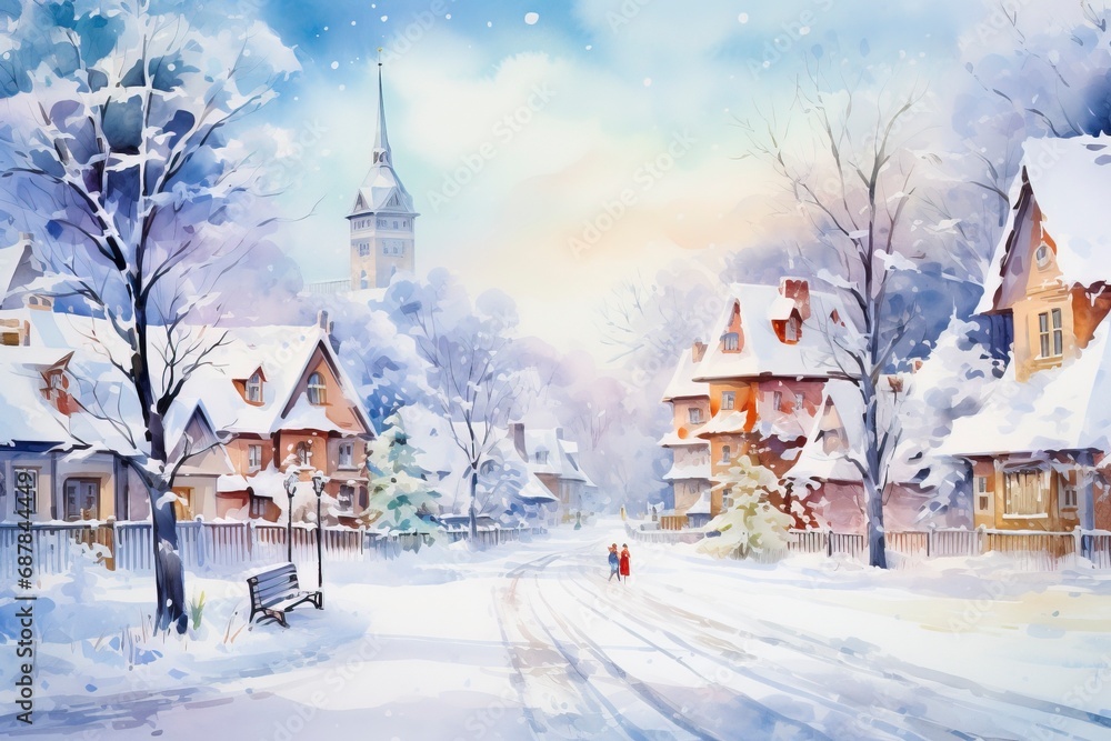 Fototapeta premium Winter village watercolor painting illustration made by generative ai