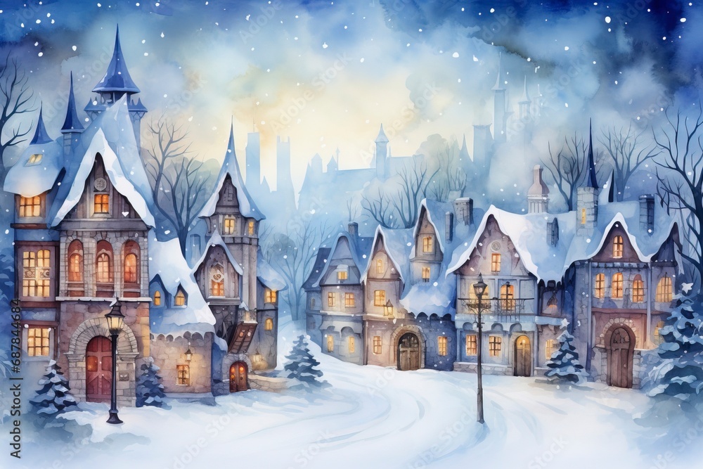 Winter village watercolor painting illustration made by generative ai