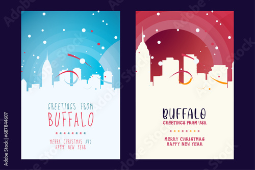 Buffalo city poster with Christmas skyline, cityscape, landmarks. Winter USA holiday, New Year vertical vector layout for New York state brochure, website, flyer, leaflet, card photo