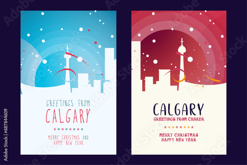 Calgary city poster with Christmas skyline, cityscape, landmarks. Winter Canada, Alberta province megapolis town holiday, New Year vertical vector layout for brochure, website, flyer, leaflet, card