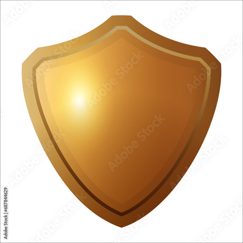 gold shiled vector. Shields with reflection in shiny. Vector gold shields icons isolated. Realistic isolated golden armory. Blank gold metal shield 