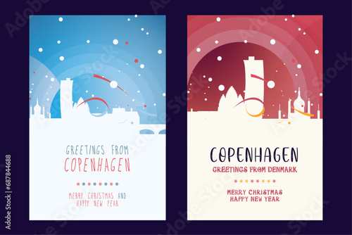 Copenhagen city poster with Christmas skyline, cityscape, landmarks. Winter Denmark megapolis town holiday, New Year vertical vector layout for brochure, website, flyer, leaflet, card