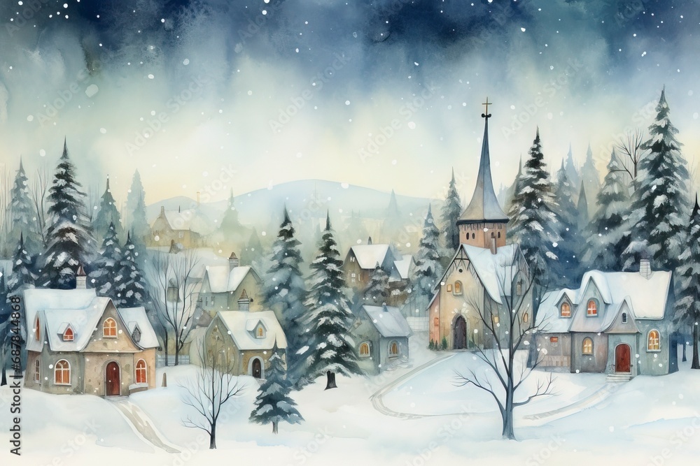Fototapeta premium Winter village watercolor painting illustration made by generative ai