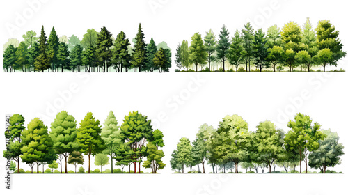 Collection of PNG. Green trees forest and foliage in summer. Row of trees and shrubs isolated on a transparent background.