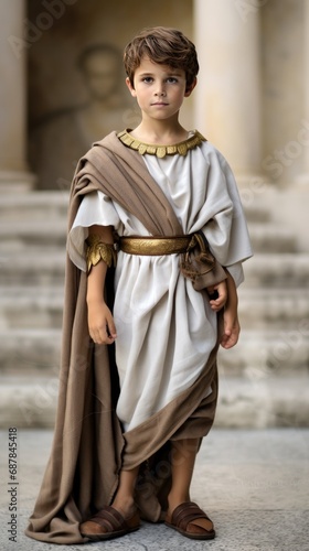 A little kid boy child wears ancient aged Roman clothing. Generative AI. On isolated white background