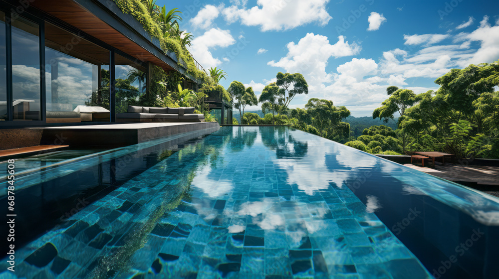 Contemporary infinity pool merging with the horizon, surrounded by tropical flora. Architectural elegance concept. Generative AI