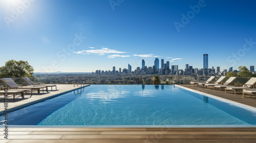 Luxurious infinity pool overlooking a cityscape, clear sky background. Urban relaxation. Generative AI © ImageFlow