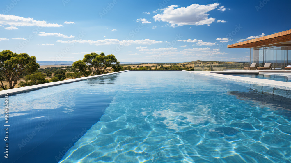 Eco-friendly infinity pool with a breathtaking savanna view. Sustainable luxury. Generative AI