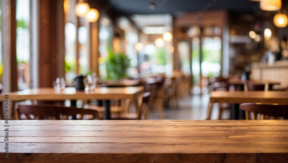 Empty Wooden Table for Product Presentation with Cafe, Restaurant Background Empty Wooden Table for Product Presentation with Cafe, Restaurant Background