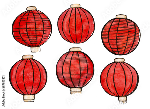 Set of Chinese traditional lanterns. Isolated on white background. Round shape. Red with black outline. Black decorative stripes and golden elements. Stylization. Simple elements. Watercolor drawing.