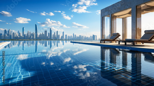 Luxurious infinity pool overlooking a bustling cityscape. Urban relaxation and travel concept. Generative AI