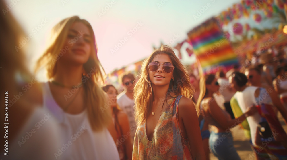 confident woman in sunglasses in beach crowd, smiling joy, fictional location