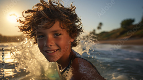 happily smiling boy with curly hair stands in ocean, enjoying water, possibly playing or swimming © wetzkaz