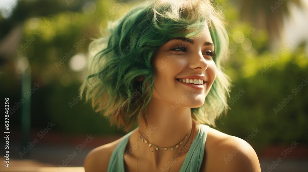 smiling woman with green hair in grassy area, outdoor joy, fictional location smiling woman with green hair in grassy area, outdoor joy, fictional location