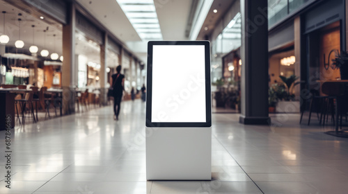 Interactive digital display in a bustling shopping mall corridor. Future commerce concept. Generative AI photo