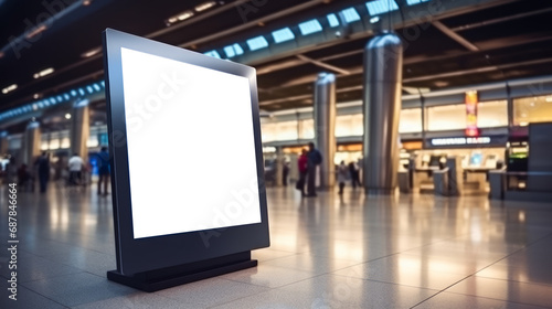 Contemporary digital billboard mock up in well-lit airport lounge. Communication and design concept. Generative AI