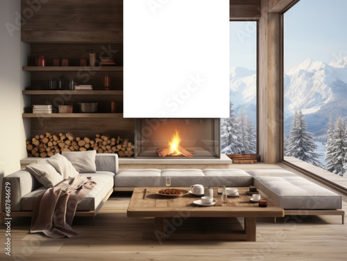 Scandinavian style living room with fireplace and woodpile. Clean poster mockup with alpine view. Generative AI