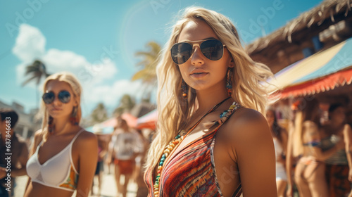 blonde woman in colorful dr...