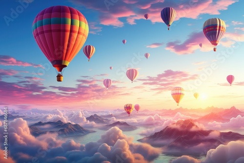 Hot air balloons floating at dawn Colorful array against pastel sky. Peaceful ascent.