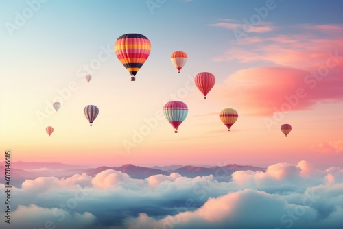 Hot air balloons floating at dawn Colorful array against pastel sky. Peaceful ascent.