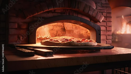 pizza oven with fire. Created with Generative AI. photo
