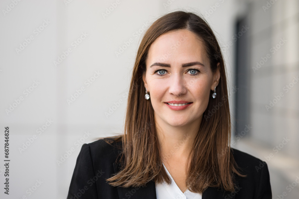 Attractive dark-haired businesswoman looks at camera. Lady dressed in office suit looks confident in business. Successful businesswoman concept Attractive dark-haired businesswoman looks at camera. Lady dressed in office suit looks confident in business. Successful businesswoman concept