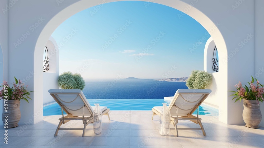 Two deck chairs on terrace with pool with stunning sea view. Traditional mediterranean white architecture with arch. Summer vacation concept
