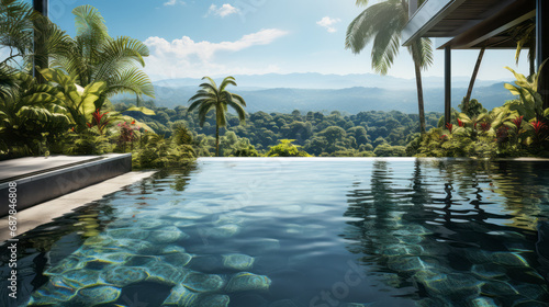 Eco-friendly infinity pool with a breathtaking jungle panoramic view. Sustainable luxury. Generative AI © ImageFlow