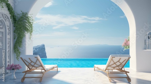 Two deck chairs on terrace with pool with stunning sea view. Traditional mediterranean white architecture with arch. Summer vacation concept © Ammar