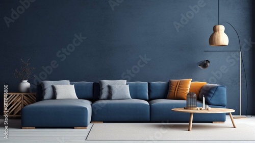
Two knitted poufs near dark blue corner sofa. Scandinavian home interior design of modern living room. photo