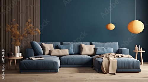 
Two knitted poufs near dark blue corner sofa. Scandinavian home interior design of modern living room. photo