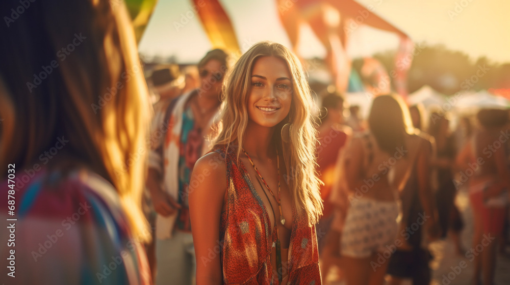 smiling blonde in crowd at festival, vibrant atmosphere, fictional location